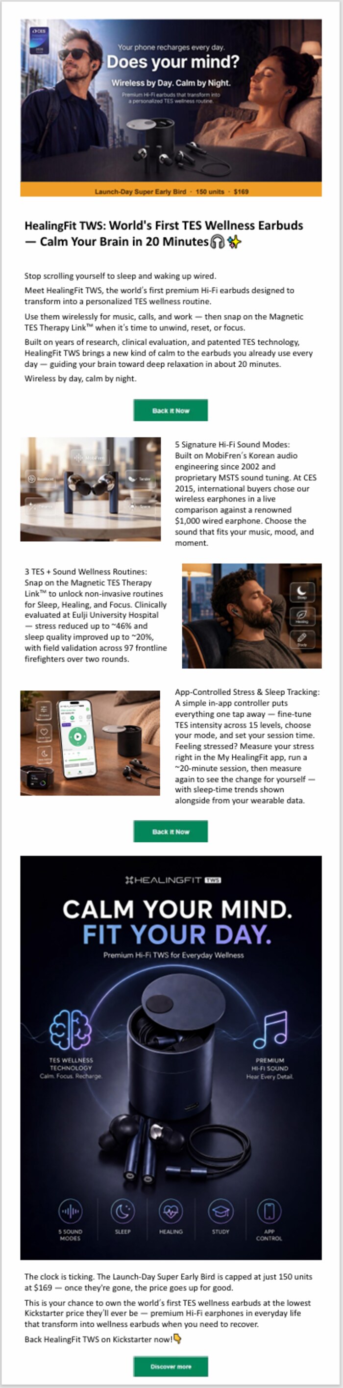 Example of a dedicated Kickstarter newsletter feature for HealingFit TWS wellness earbuds showing product headline, benefits, and call-to-action buttons