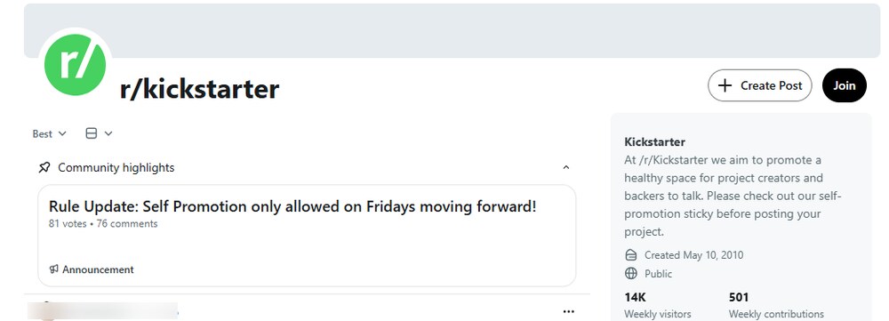 r/kickstarter subreddit community rules showing self-promotion only allowed on Fridays