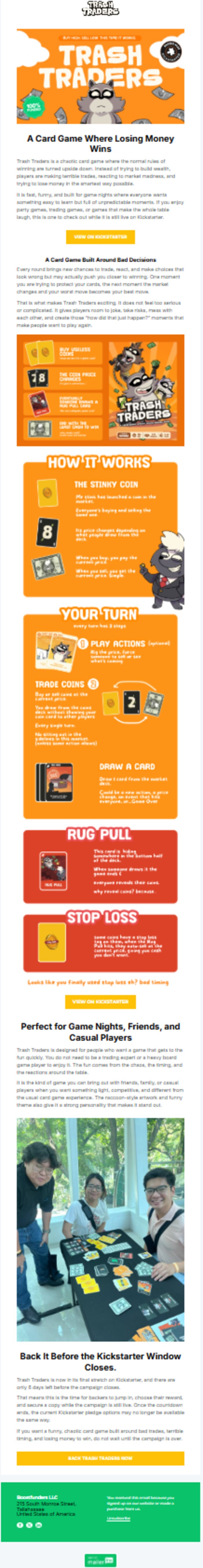 Example of a dedicated Kickstarter newsletter feature for Trash Traders card game showing product description, how it works, and multiple call-to-action buttons