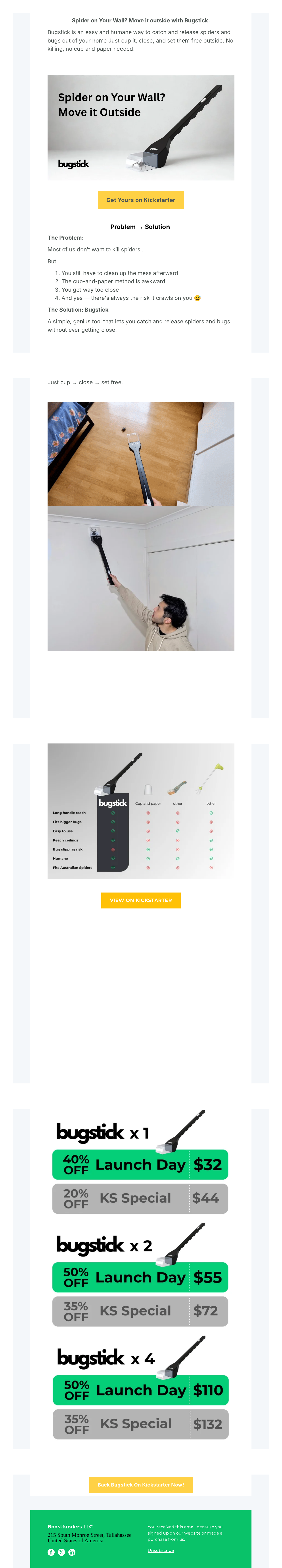 Full sample dedicated newsletter campaign feature for the Bugstick Kickstarter campaign